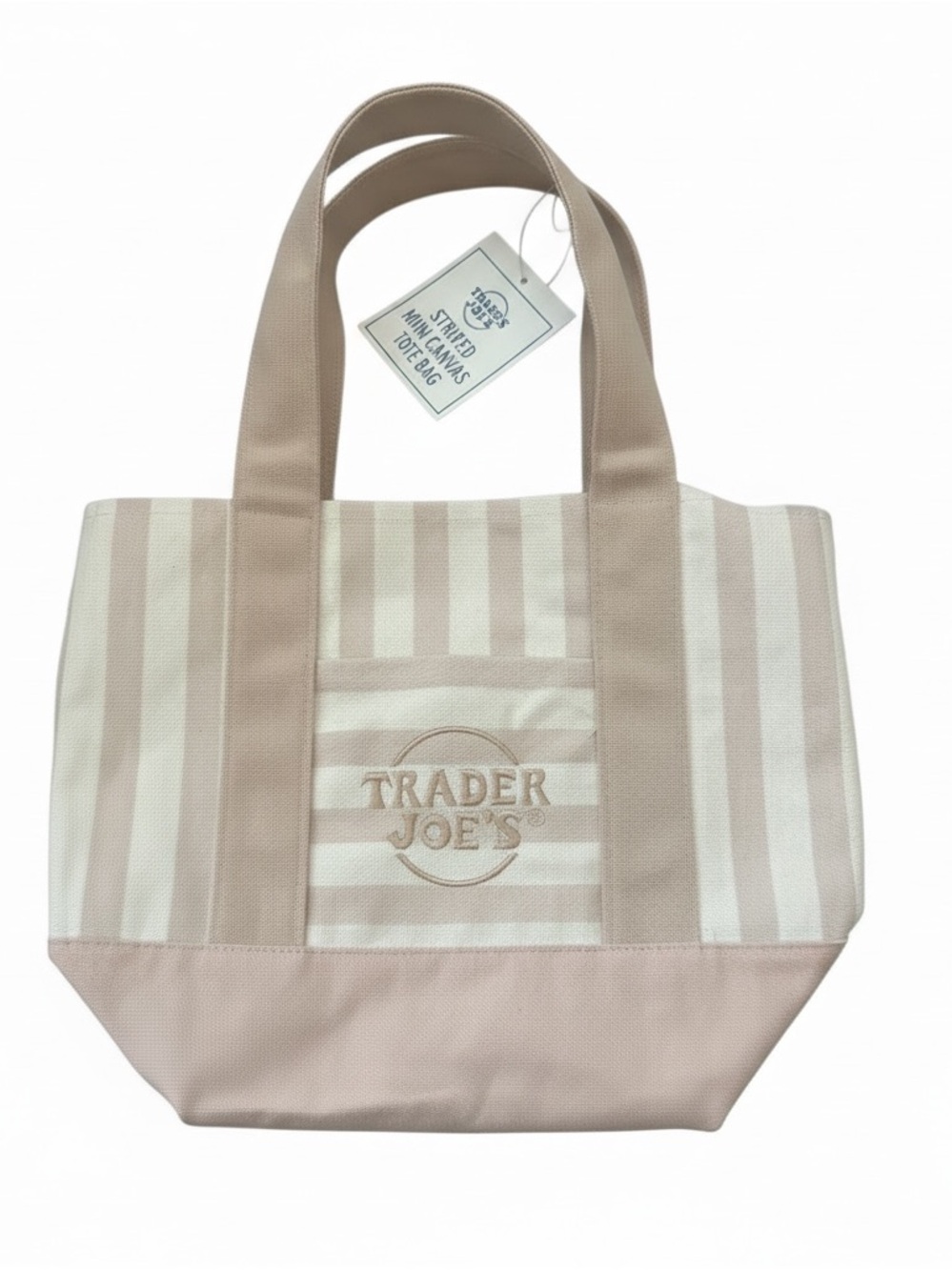 Trader Joe’s striped mini canvas tote bag in the color, cream/tan